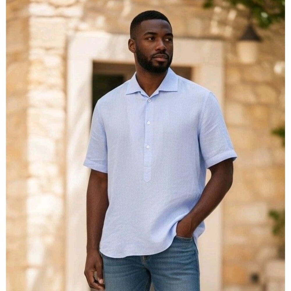 HADLEIGHS Linen Shirt Mens 16.5/42 Light Blue Popover Old Money Made In Italy